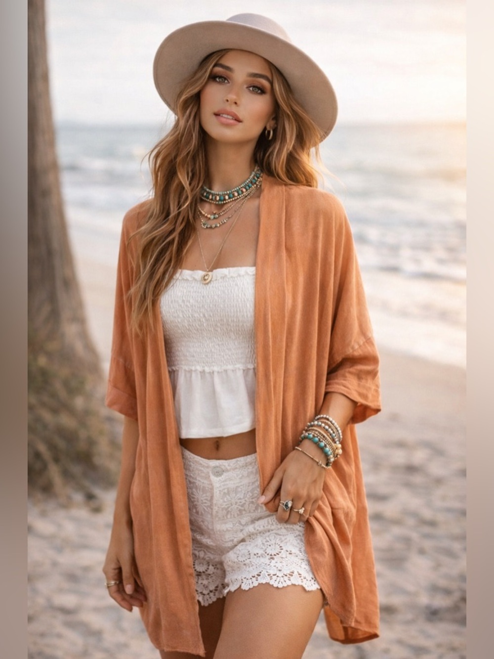KORI AMERICA Cardigan M Peach Boho Crochet Back Open Front Kimono Preloved - A9